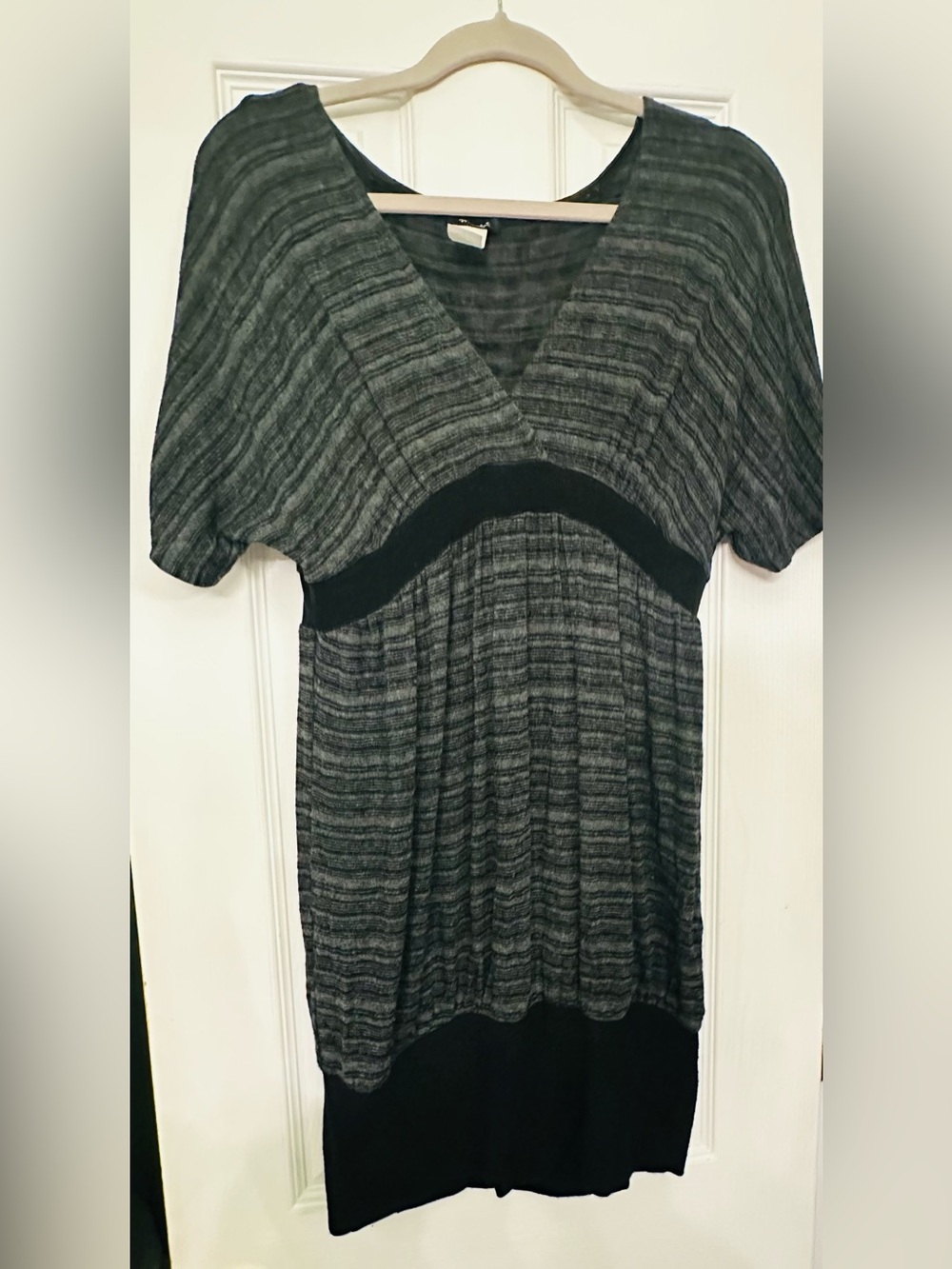 Rhapsody Gray & Black Striped V-Neck Tunic Dress